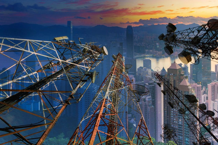 A view of the city from above with many towers.